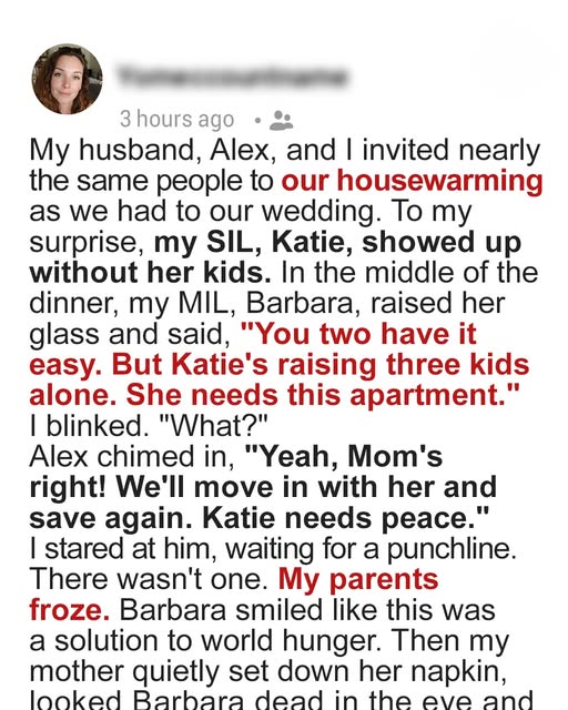 At Our Housewarming, My Husband and MIL Demanded We Give Our Apartment to His Sister – My Mom’s Response Shut Them Down